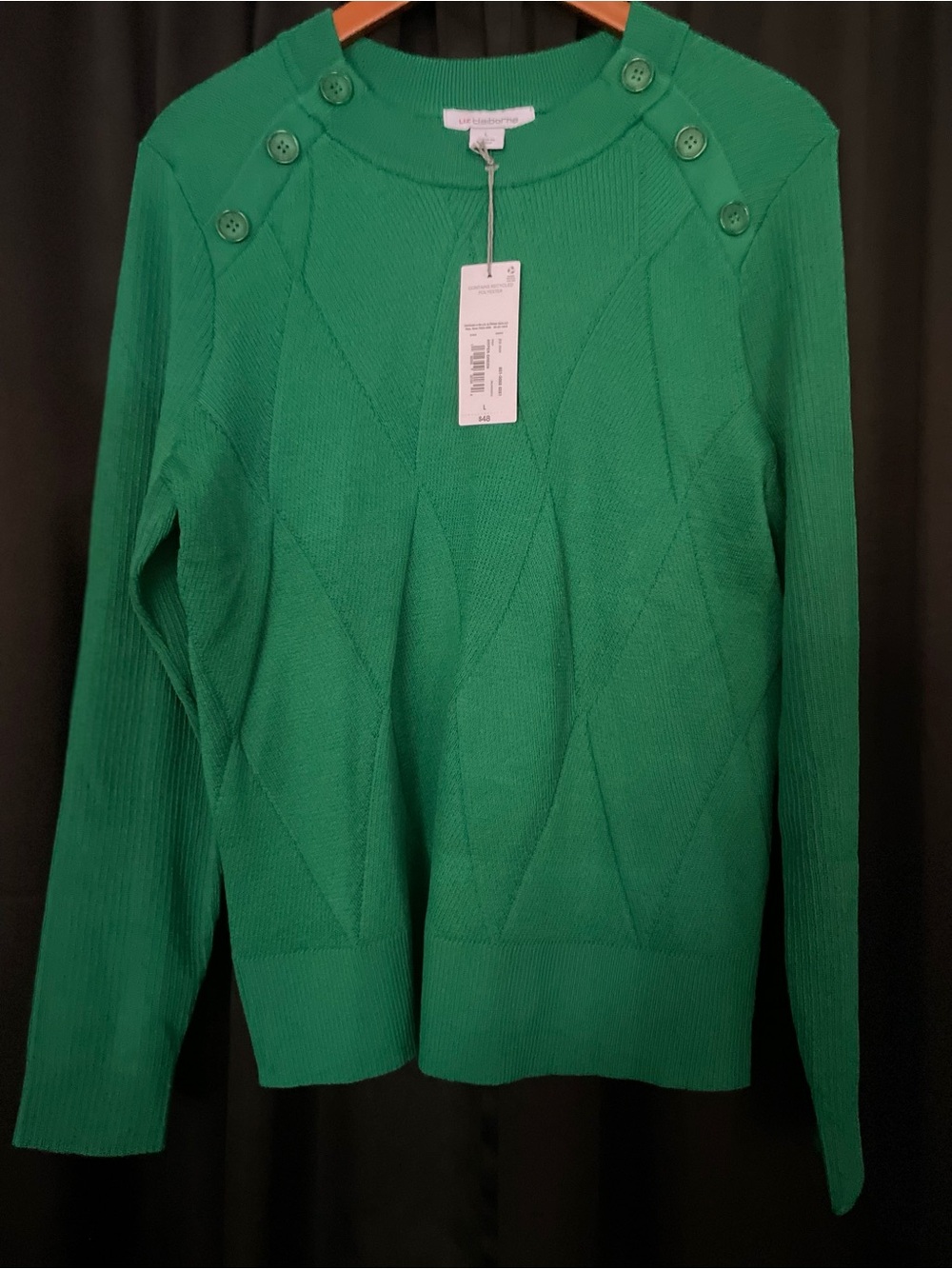 Liz Claiborne Bright Green Button-Shoulder Diamond Knit Crewneck Sweater